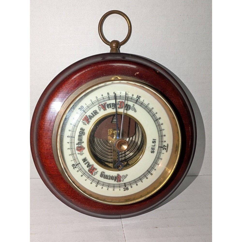 Vtg German Selsi Barometer Wall Hanging Wood Frame Stormy Rain Fair